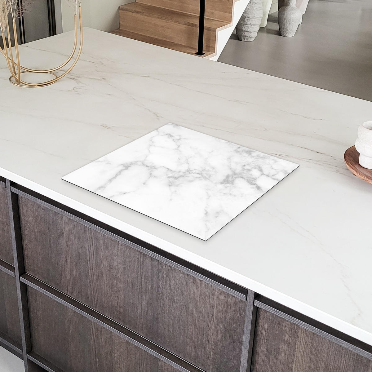 HERDABDECKPLATTE Marmor - Grau - Weiß - Strukturierter Marmor 58x51 cm - Weiß, Kunststoff (58.3/51.3/0.2cm) - MuchoWow