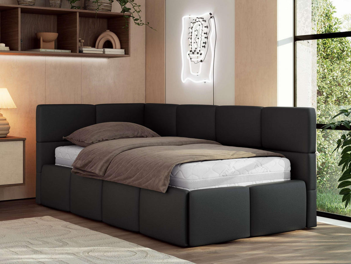 JUGENDBETT ARVO 90/200 - Schwarz Kunstleder - Multipocket-Matratze - Links Seite - Schwarz, Textil (90/200cm) - MKS