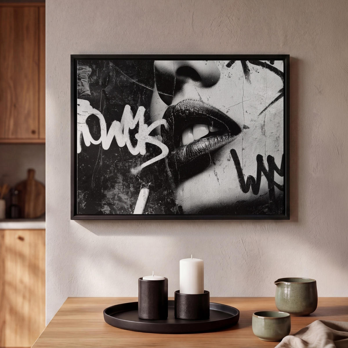 LEINWAND Bilder mit Rahmen - Gesicht - Mund - Graffiti - Schwarz - 40x30 - Schwarz, Textil (40/30cm) - MuchoWow