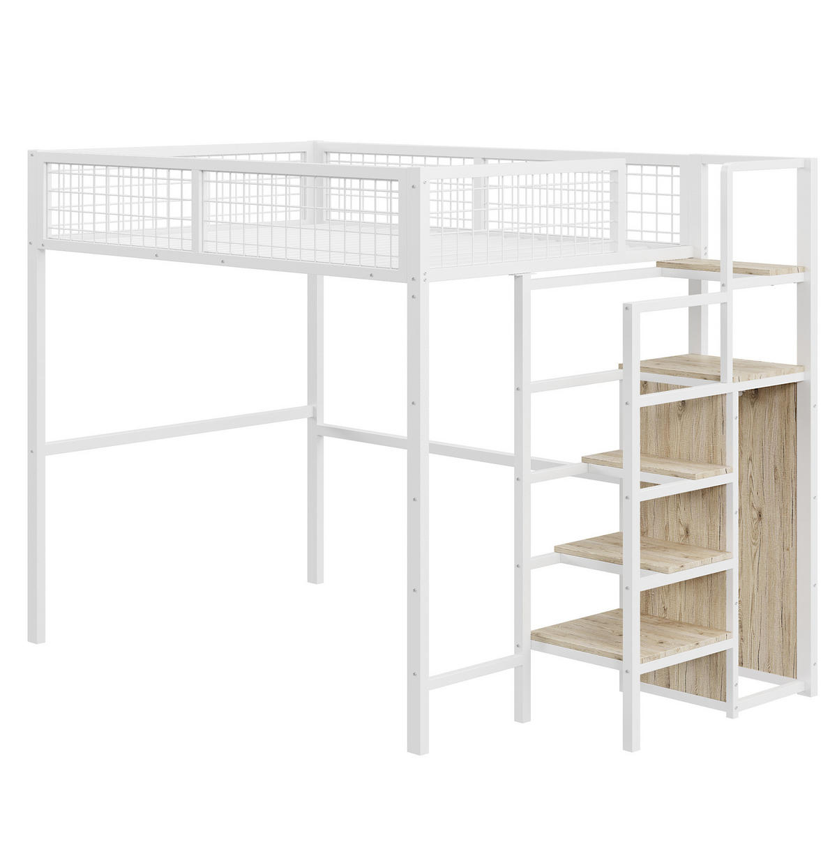 HOCHBETT 140/200 cm Weiß mit Sicherheitsleiter und Kleiderschrank mit Matratze - Weiß, Metall (140/200cm) - OKWISH