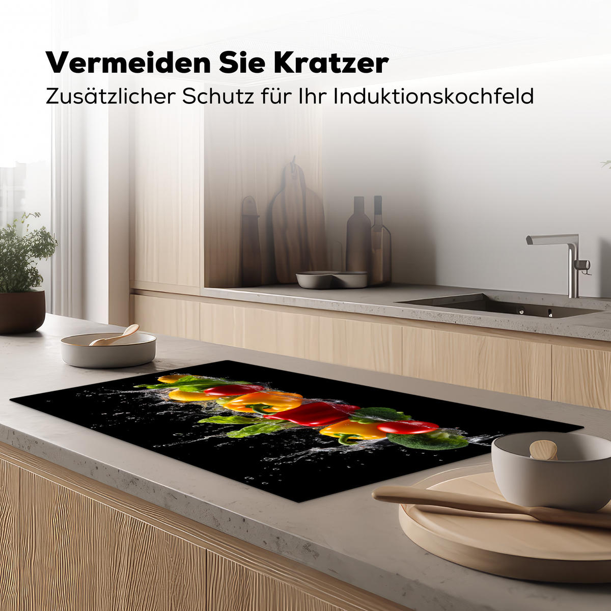 HERDABDECKPLATTE Paprika - Wasser - Gemüse - Schwarz 91x52 cm - Multicolor, Kunststoff (91.2/52/0.2cm) - MuchoWow