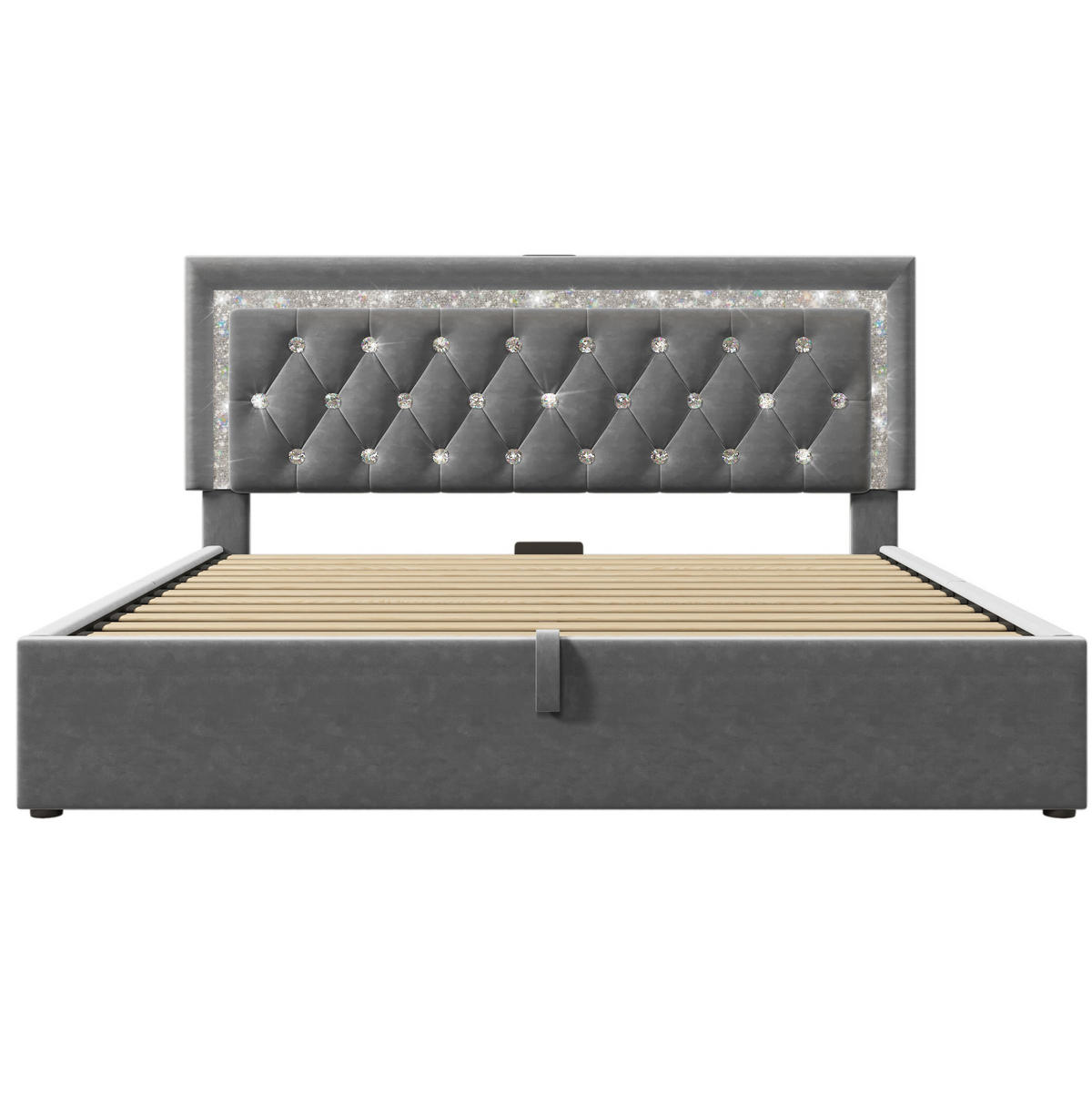 POLSTERBETT aus Samt 140x200 cm Grau mit Matratze, LED-Beleuchtung, USB und Type-C - Grau, Textil (140/200cm) - IVMEU