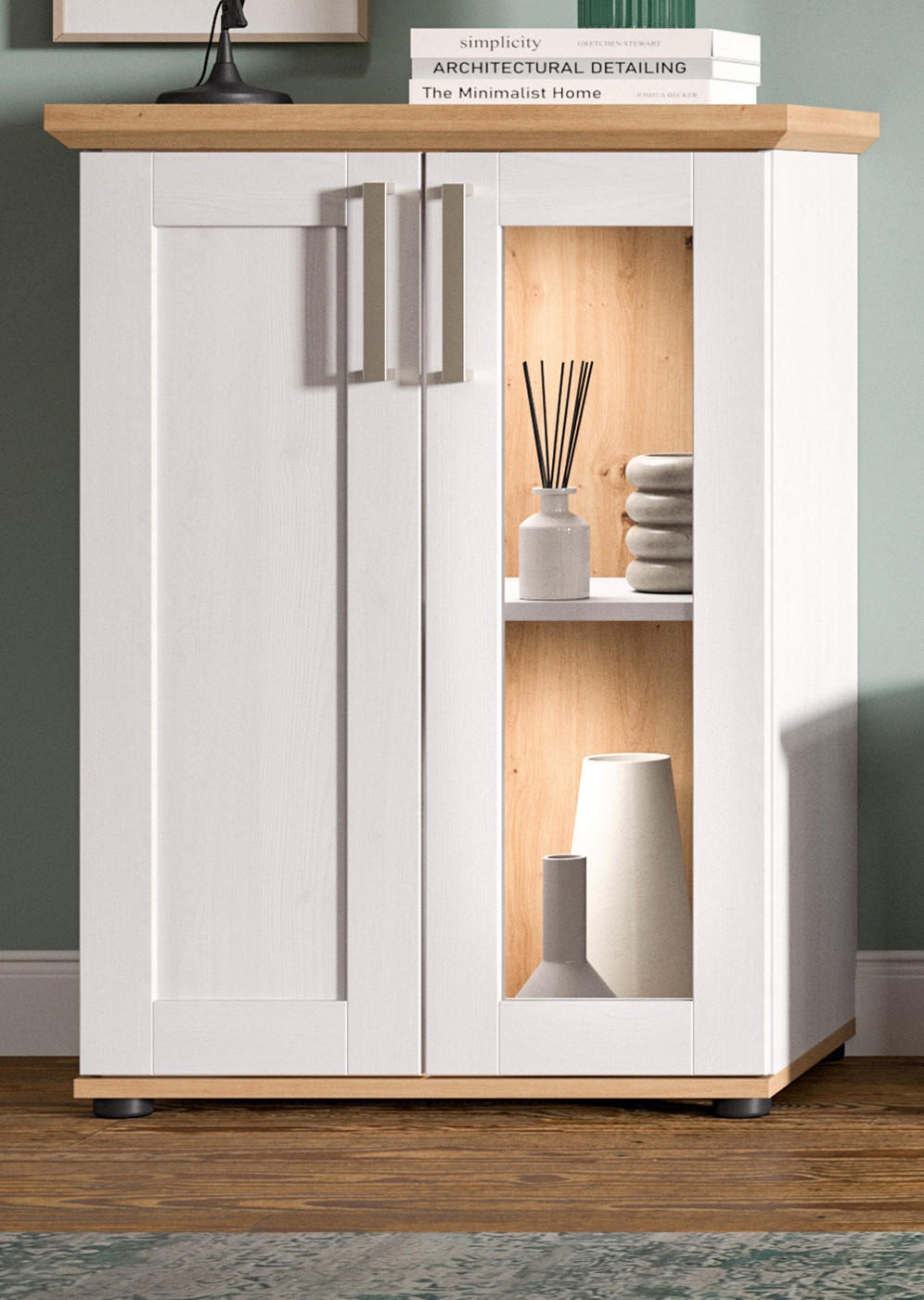 VITRINE weiß Lärche, Eiche Artisan 64 cm, Highboard im Landhaus-Stil - Silberfarben/Schwarz, Holzwerkstoff/Kunststoff (64/88/37cm) - Inn.Furn