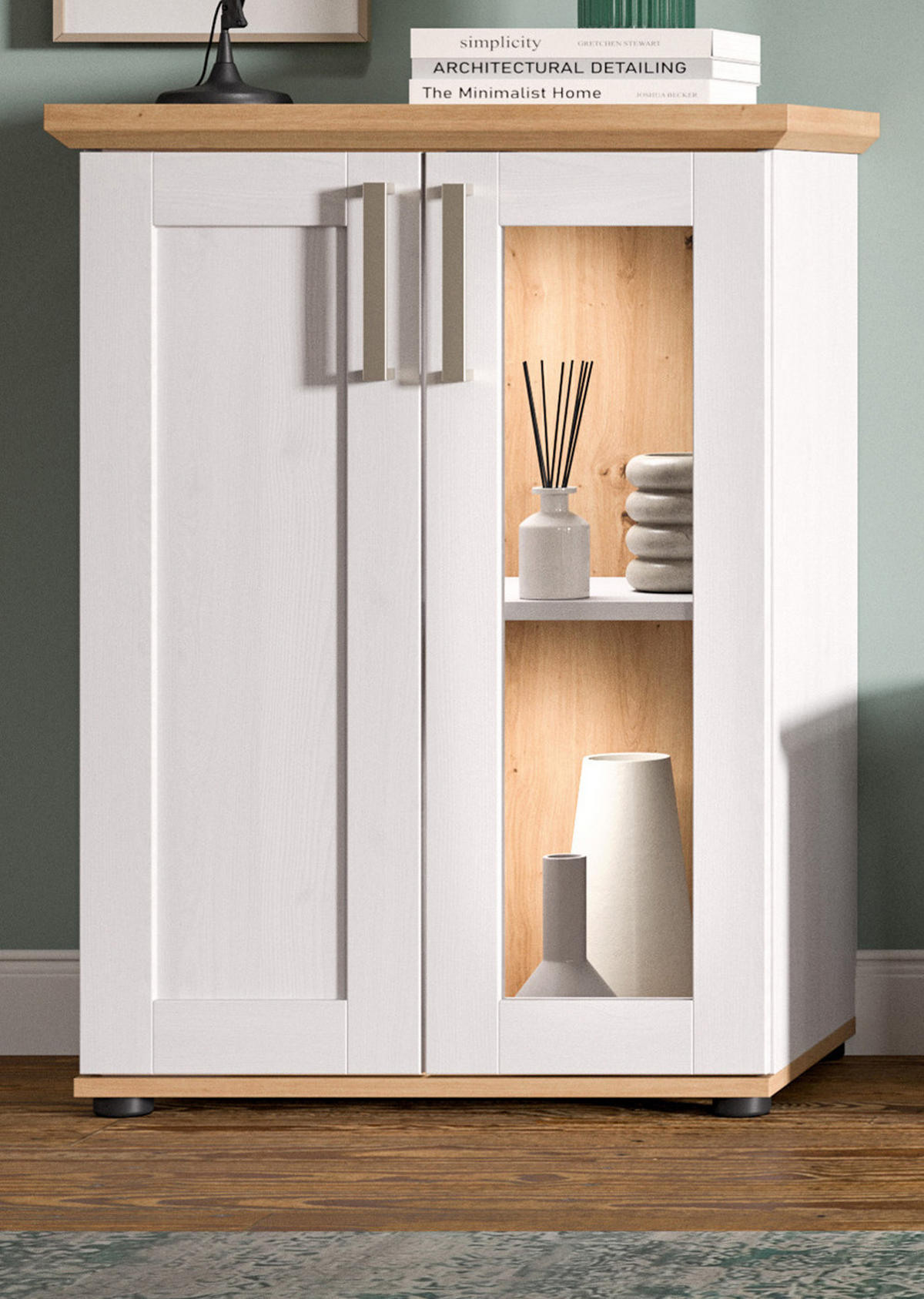 VITRINE weiß Lärche, Eiche Artisan 64 cm, Highboard im Landhaus-Stil - Silberfarben/Schwarz, Holzwerkstoff/Kunststoff (64/88/37cm) - Inn.Furn