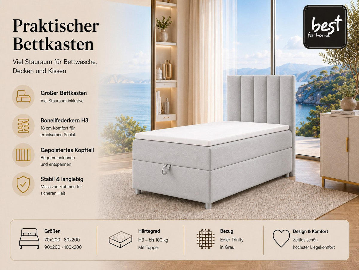 BOXBETT mit Bettkasten Trinity K-10 SINGLE Bonellfederkern inkl. Topper - Silberfarben, Holz/Holzwerkstoff (100/200cm) - Best For Home