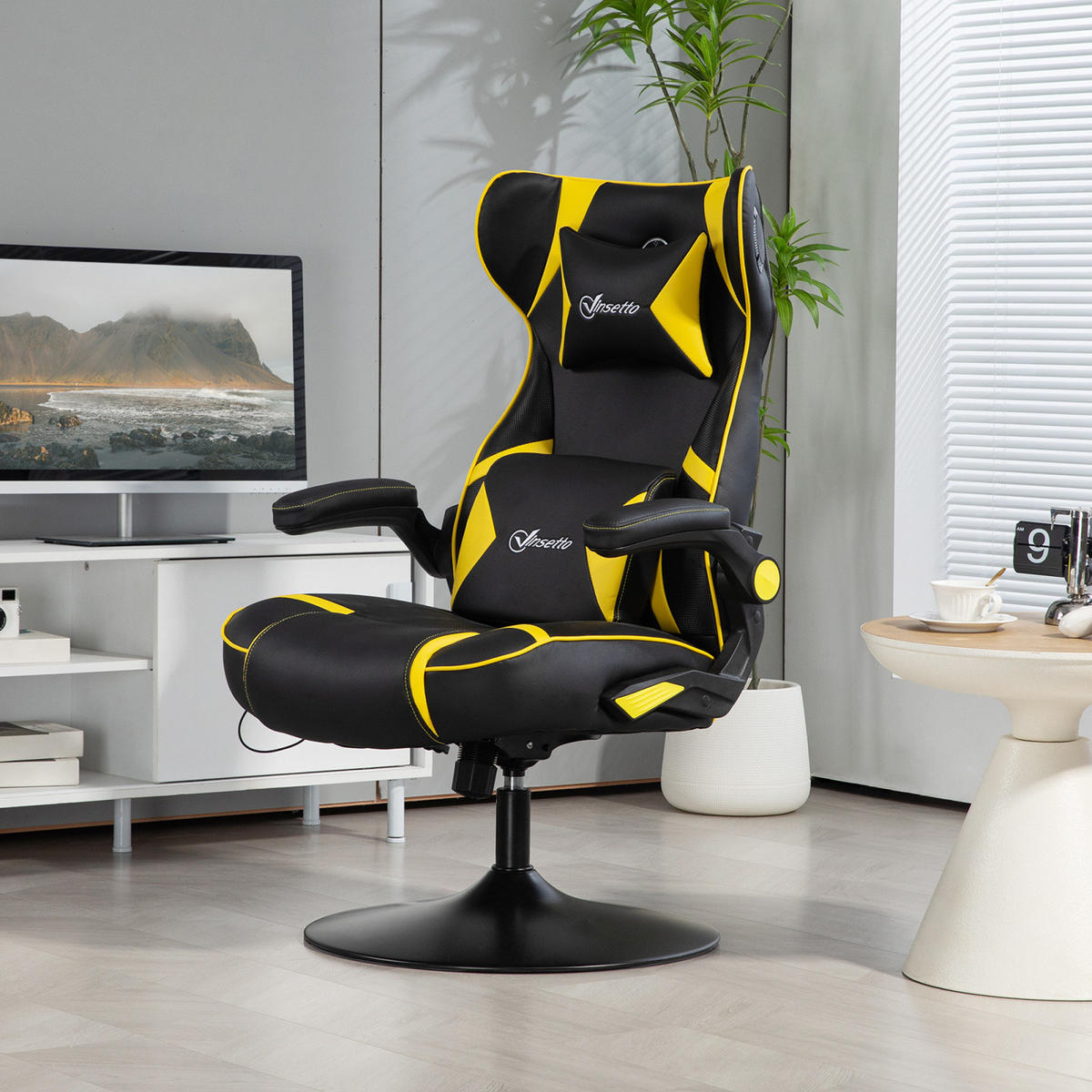 GAMING Stuhl mit runder Bodenplatte, drehbar & neigbar, ergonomischer Sessel, Schwarz-Gelb - Gelb, Leder (69/112/73cm) - BRILVERDE