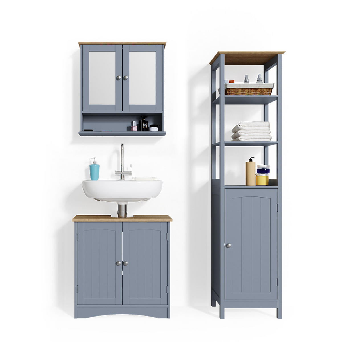 BADMÖBEL-SET Bianco Grau 3 Teile, mit Hochschrank - Grau, Holzwerkstoff (60/60/30cm) - Vicco