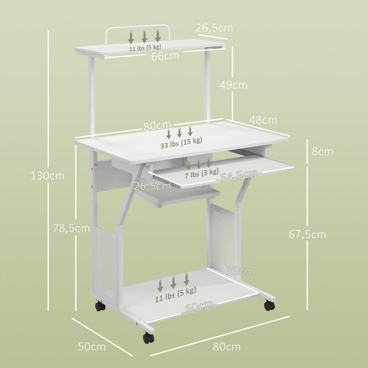 SCHREIBTISCH mit Rollen DE-14886 Weiß - Weiß, Holzwerkstoff (80/50/130cm) - ComfortXL
