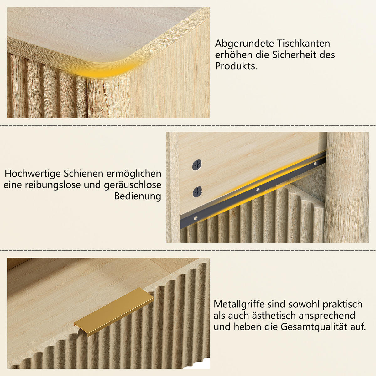 NACHTTISCH aus MDF 38x58x64 cm Eiche mit 3 Schubladen, Rillenfront und gedämpften Metallschienen - Nussbaumfarben, Holzwerkstoff (58/64/38cm) - Modfu