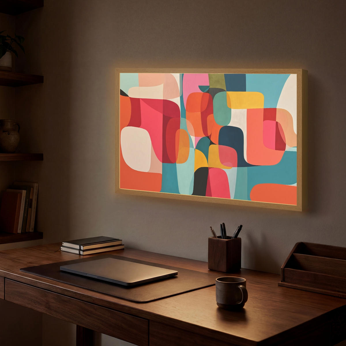 NÁSTĚNNÁ LAMPA S AKUMULÁTOREM Tvary - barevné - abstraktní - letadla 60x40 cm - různobarevná, kompozitní dřevo (60/40/8cm) - OnlyWow