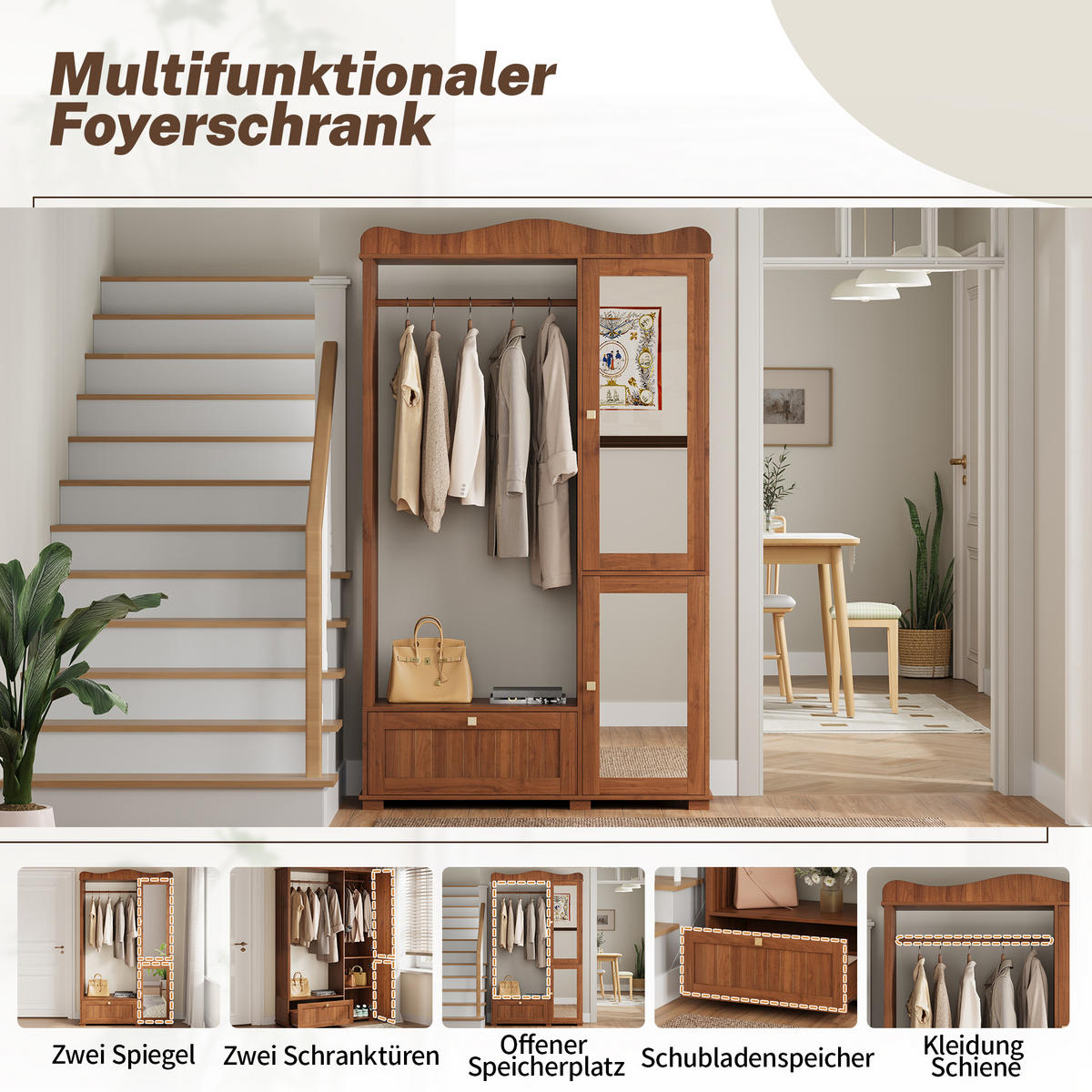 GARDEROBENSCHRANK in walnuss-optik mit spiegel & kleiderstange - Walnussfarben, Holzwerkstoff (115.5/194.5/38.5cm) - Urban Meuble