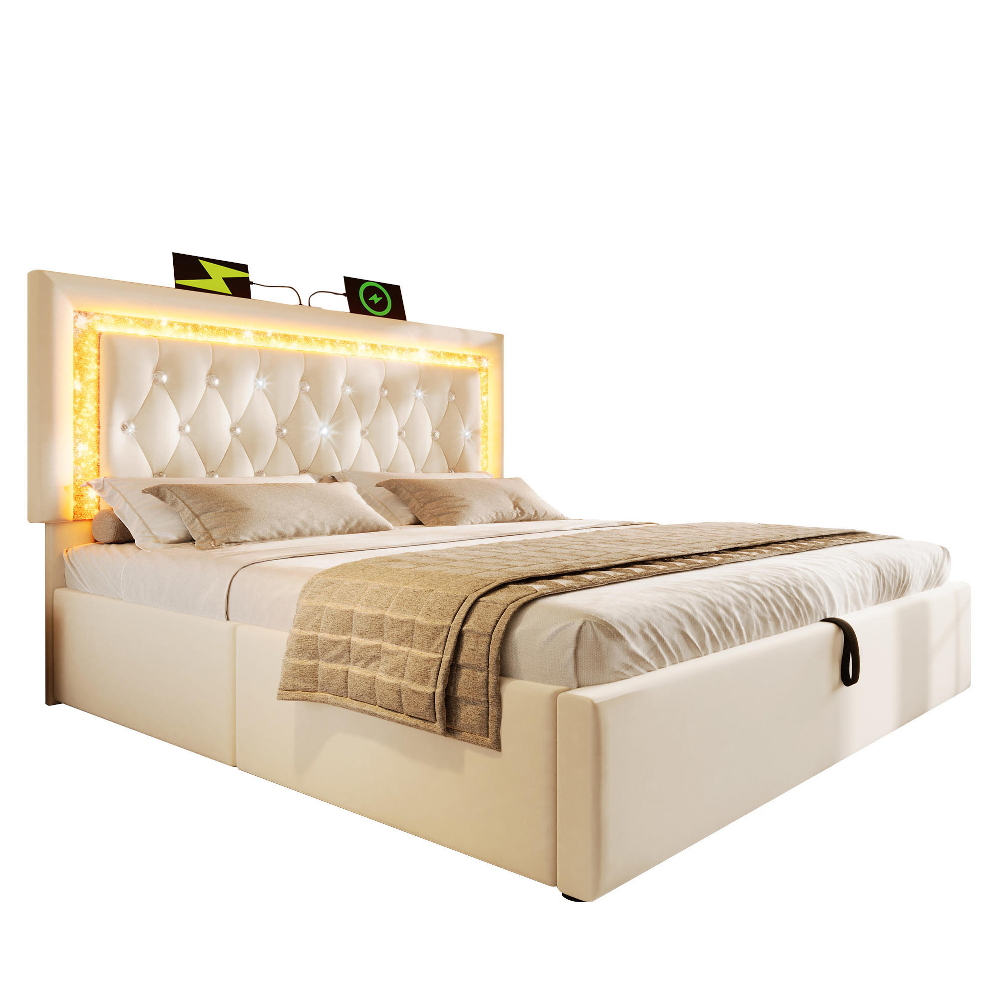 SAMT-POLSTERBETT 160/200 cm mit Bettkasten & LED-Beleuchtung in Beige - Beige, Textil (160/200cm) - BEAOK