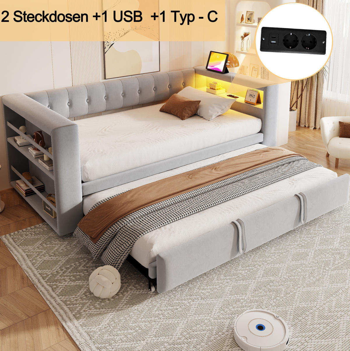 POLSTERBETT 90/180/190 cm aus Flanellstoff mit LED-Beleuchtung, Steckdose und Stauraum Hellgrau - Hellgrau, Textil - Modenvie