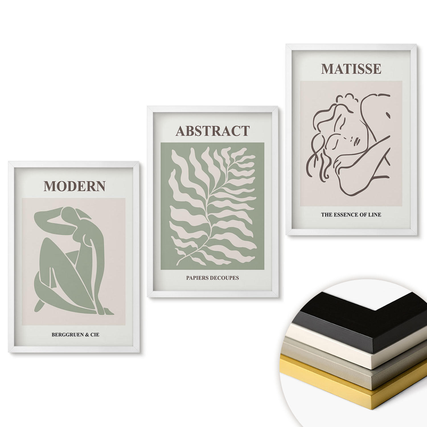 WANDBILDER 3er-Set - 40x60 cm Weißer Rahmen - Stilvolle grüne Gemälde mit Figuren - Weiß, Kunststoff (40/60cm) - ArtPrintCave