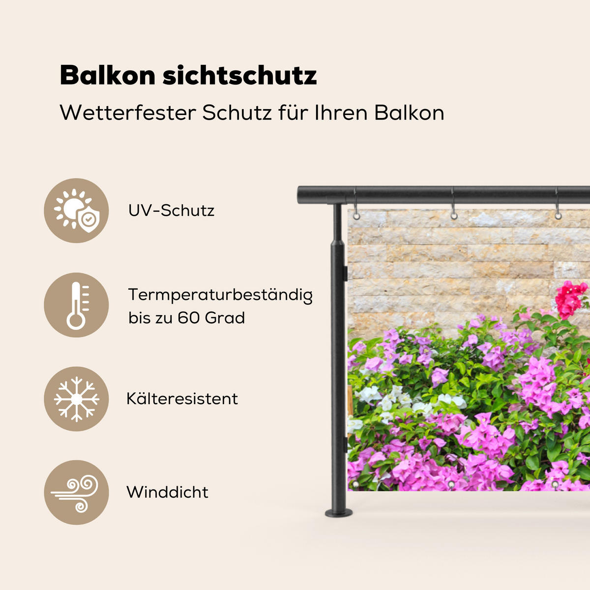 BALKON-SICHTSCHUTZ Blumen - Pflanzen - Blätter - Steine - Pink, Kunststoff (300/85cm) - MuchoWow