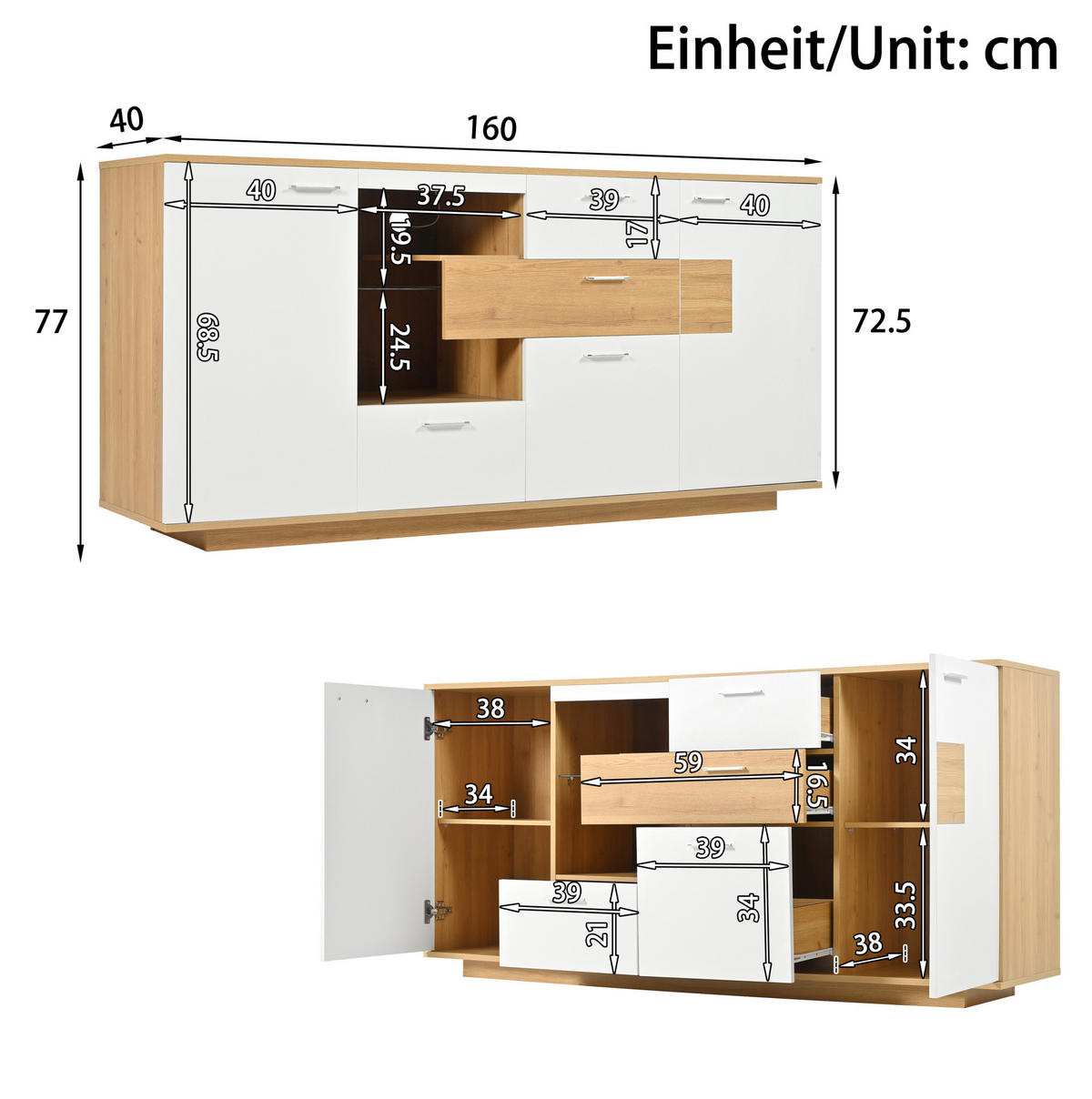 SIDEBOARD aus MDF 160x40x77 cm Holzfarbe/Weiß mit LED-Beleuchtung und 4 Schubladen - Naturfarben, Holzwerkstoff (160/77/40cm) - IVMEU