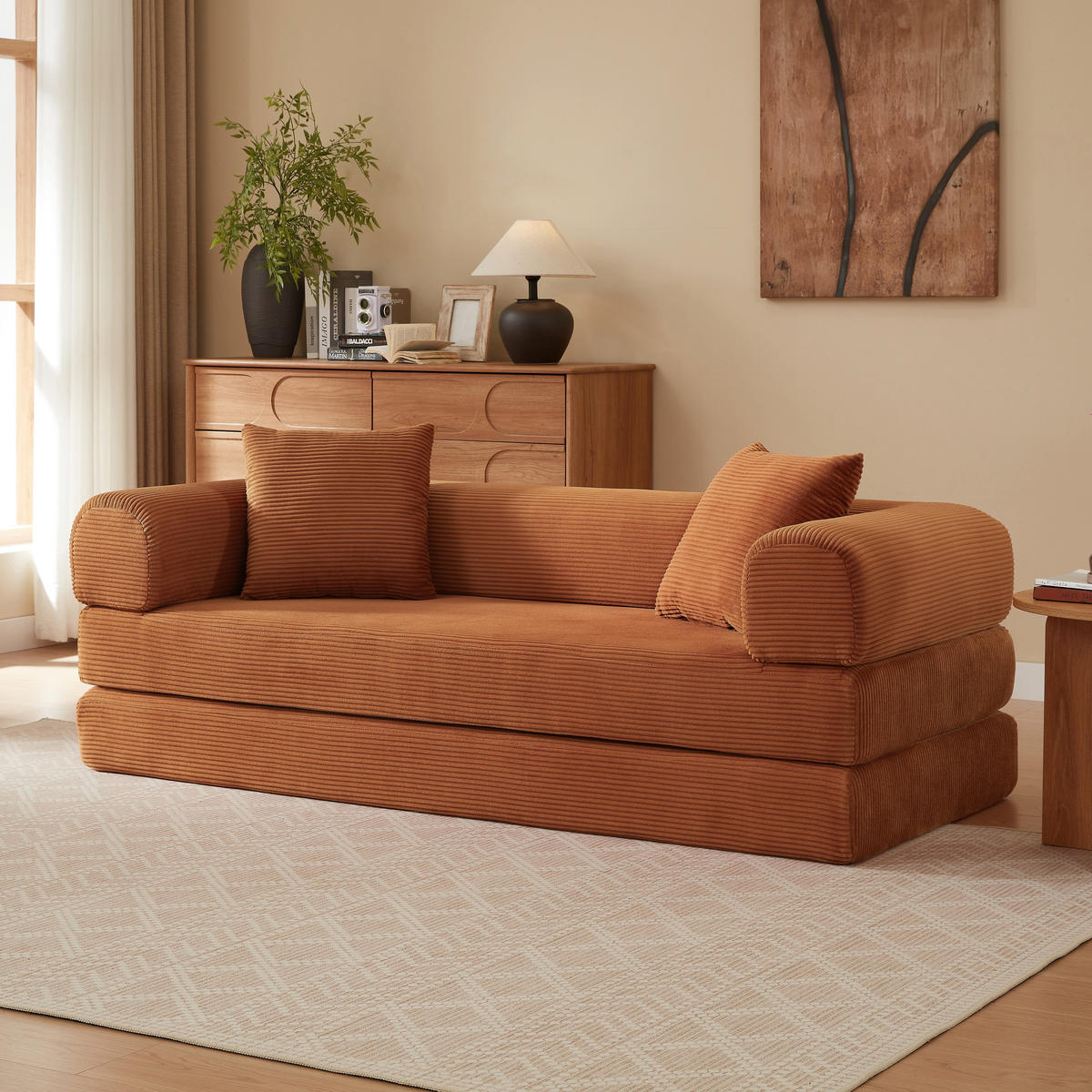 SCHLAFSOFA aus Cord in Terracotta 2-in-1 Funktion & zum Gästebett klappbar - Dunkelorange, Textil (89/59/195cm) - Urban Meuble