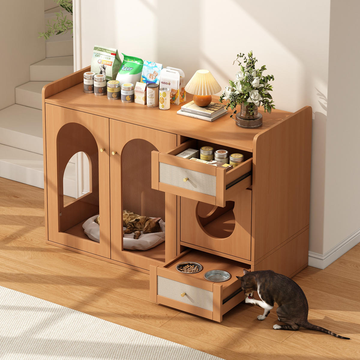 SIDEBOARD 5-in-1 Multifunktions Katzenkloschrank mit Stauraum und Ruhezone, MDF Holzoptik Einheitsgröße - Transparent/Nussbaumfarben, Glas/Holzwerkstoff (120/83/45cm) - EVRYAE