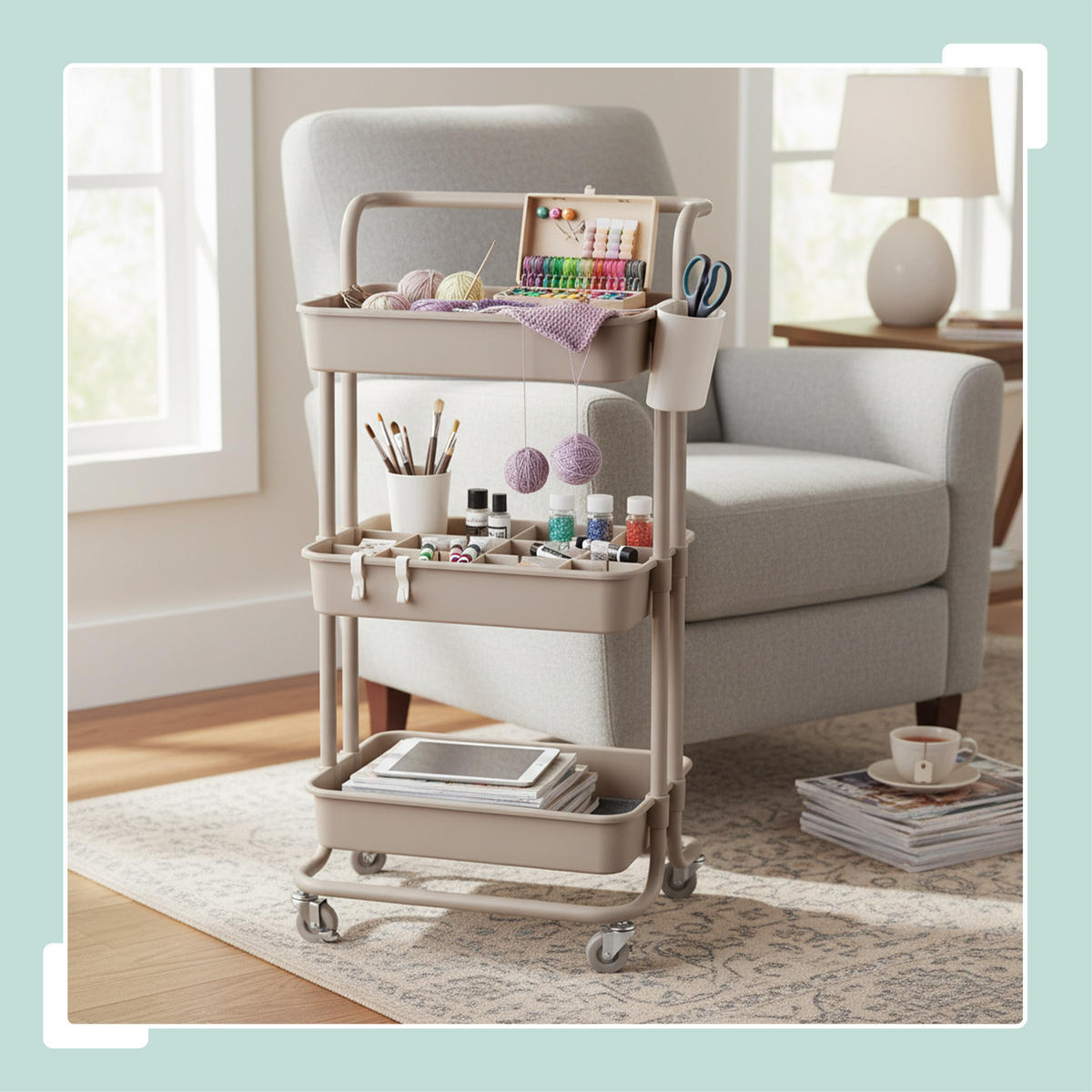 ROLLWAGEN - Beige, Kunststoff/Textil (43/86/36cm) - Relaxdays