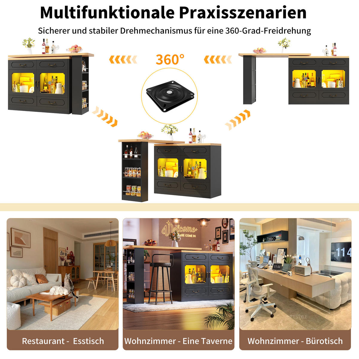 BARTISCH Ausziehbarer aus MDF mit 360° Drehplatte & LED, 135-203/39/92,8 cm, Schwarz - Schwarz, Holzwerkstoff (39/92.8/135cm) - Redom