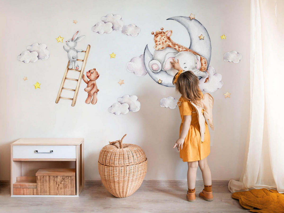 WANDAUFKLEBER 80x109cm - Mond, Wolken, Sterne - Multicolor, Kunststoff (80/109/0.1cm) - Wallfluent