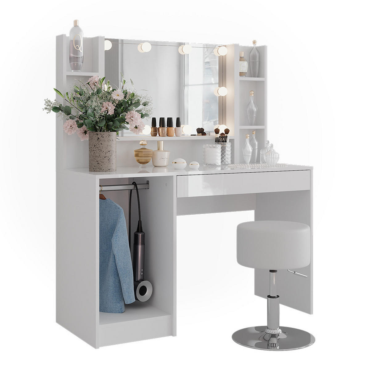 SCHMINKTISCH Sherry Weiß/Weiß Hochglanz 119.8 cm 5 Teile - Weiß Hochglanz, Holzwerkstoff (119.8/76/50.1cm) - Vicco