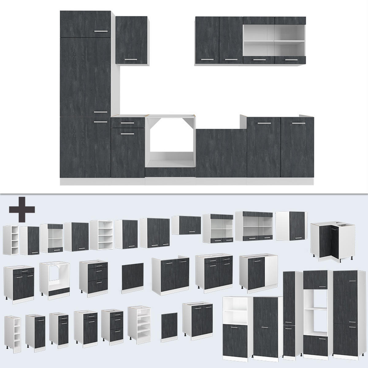 KÜCHE R-Line Schwarz Beton/Weiß 300 cm AP Marmor - Schwarz/Weiß, Holzwerkstoff (300/81.6/60cm) - Vicco