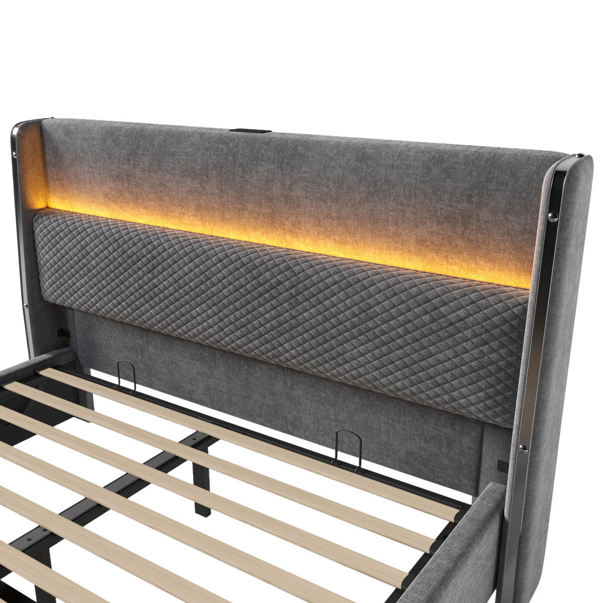 POLNJENA postelja iz lanu 140x200 cm siva z LED osvetlitvijo, USB/Type-C priključkom in hidravličnim predalom - siva, tekstil (140/200cm) - Modfu