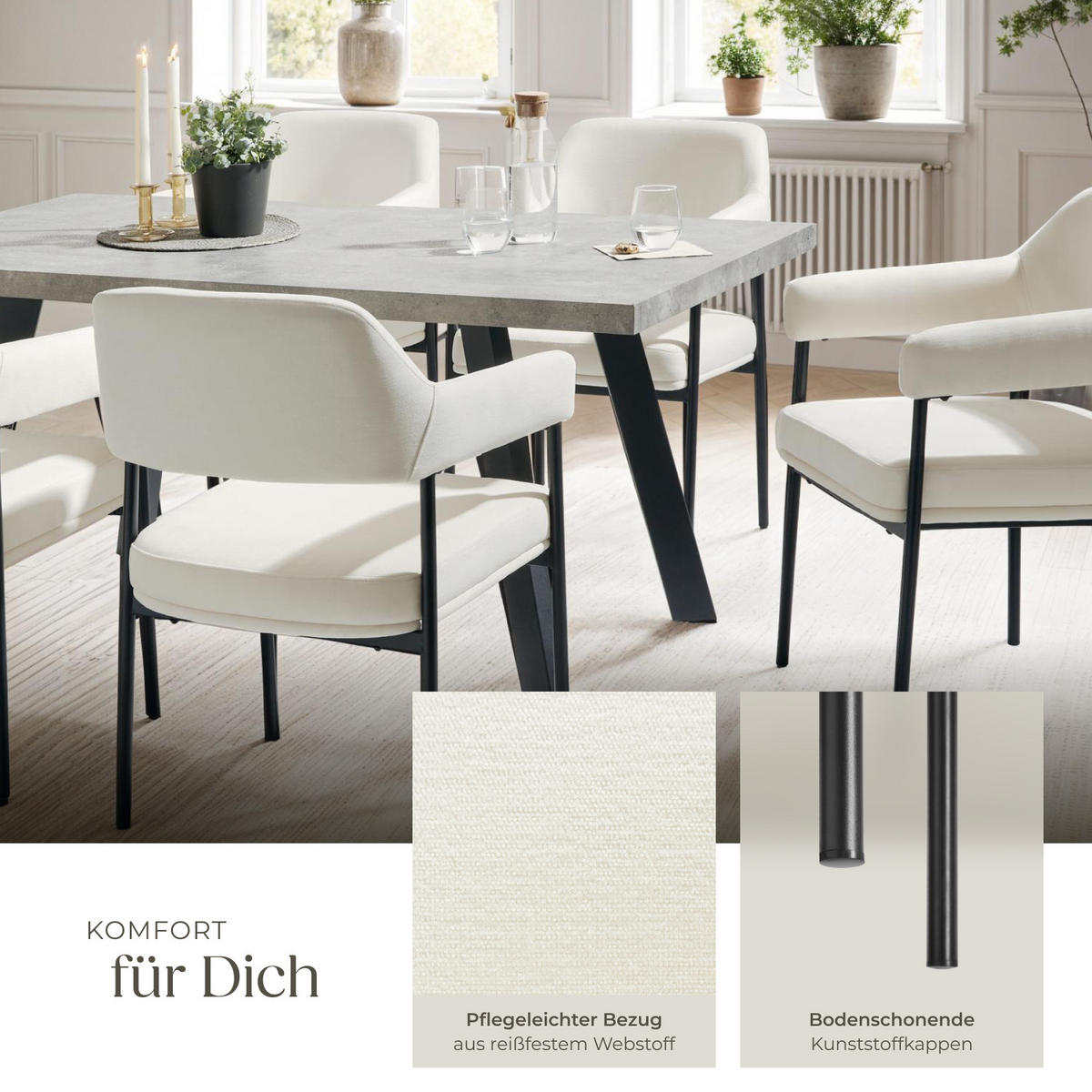 ARMLEHNSTUHL 6er Set Doé 58 x 62 x 85 cm Webstoff off-white/schwarz - Schwarz/Weiß, Textil (58/85/62cm) - tectake