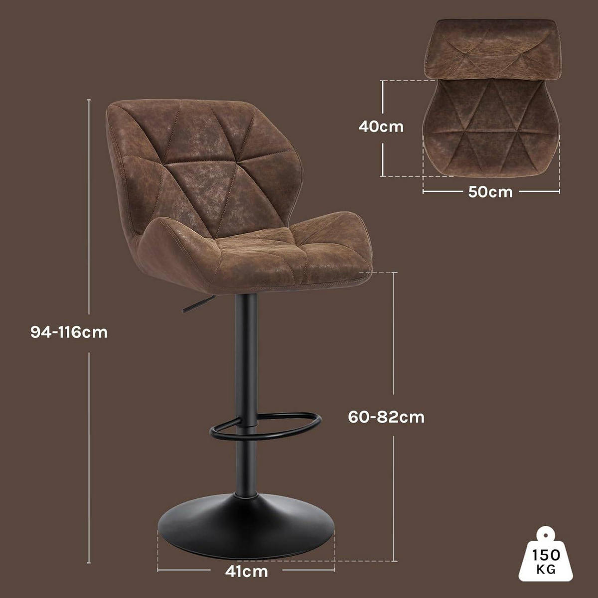 BARHOCKER 2er Set, höhenverstellbar,drehbar,Kunstleder Stahl - Dunkelbraun, Metall (50/94/41cm) - Woltu