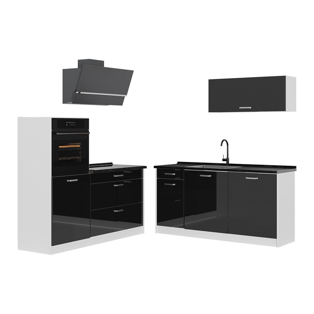 KÜCHENZEILE R-Line, Schwarz Hochglanz/Weiß, 160 cm Arbeitsplatte Anthrazit - Schwarz Hochglanz/Weiß, Holzwerkstoff (160/143/60cm) - Vicco
