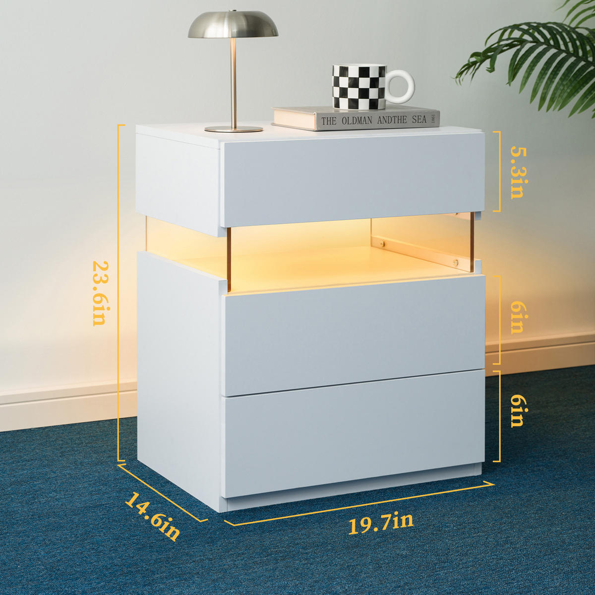 NACHTTISCH in Weiß mit 3 Schubladen und LED-Beleuchtung,48/38/61 cm - Weiß, Holzwerkstoff (38/61/48cm) - Flora Grace