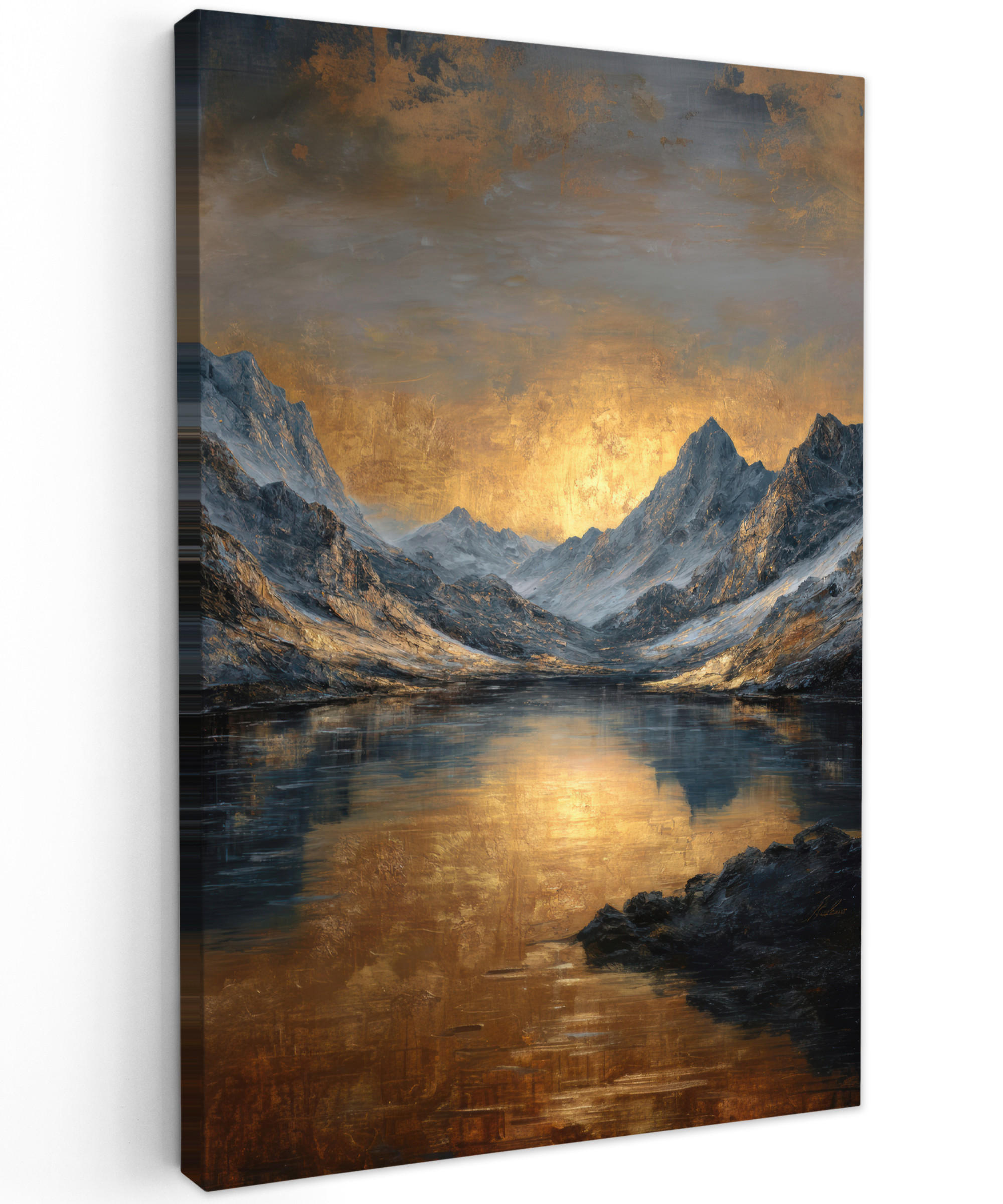 LEINWANDBILD Bergkulisse mit goldenem Sonnenuntergang Deko Groß 90x140 cm - Goldfarben, Textil (90/140cm) - MuchoWow