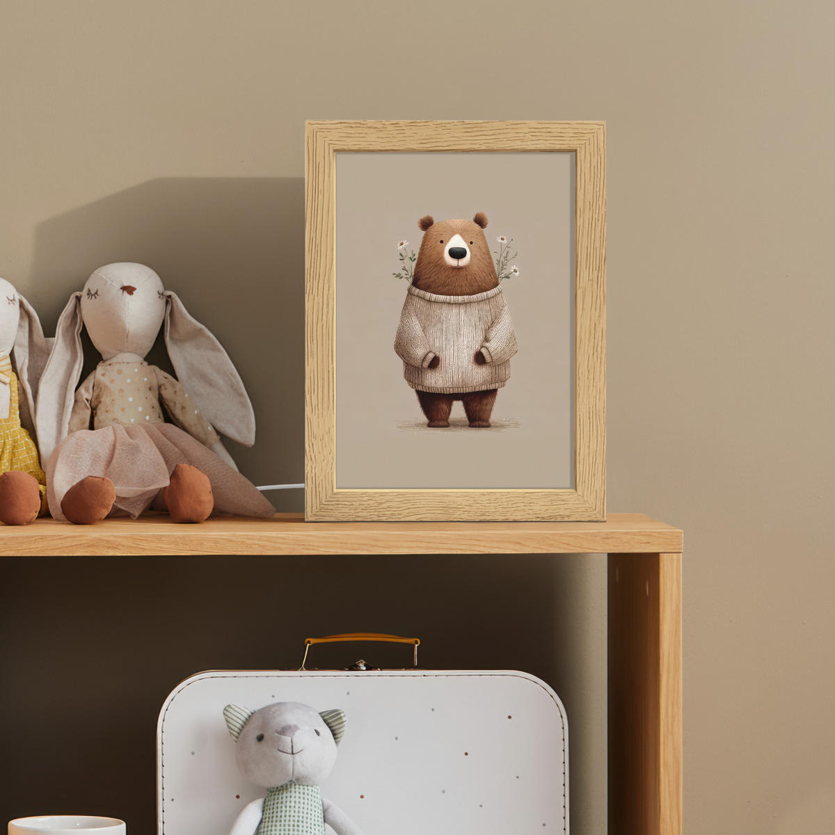 NACHTTISCHLAMPE Bär - Weiße Blumen - Gemütlich 15x20 cm - Taupe, Holzwerkstoff (8/15/20cm)