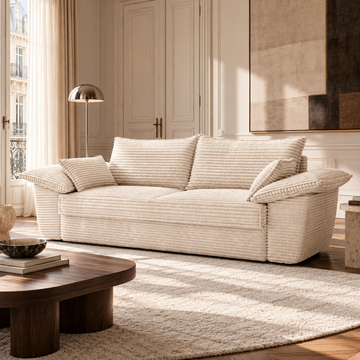 SOFA 3-Sitzer Gerippter Samt XXL Creme 232cm - Creme, Textil (232/92/102cm) - Sia Home