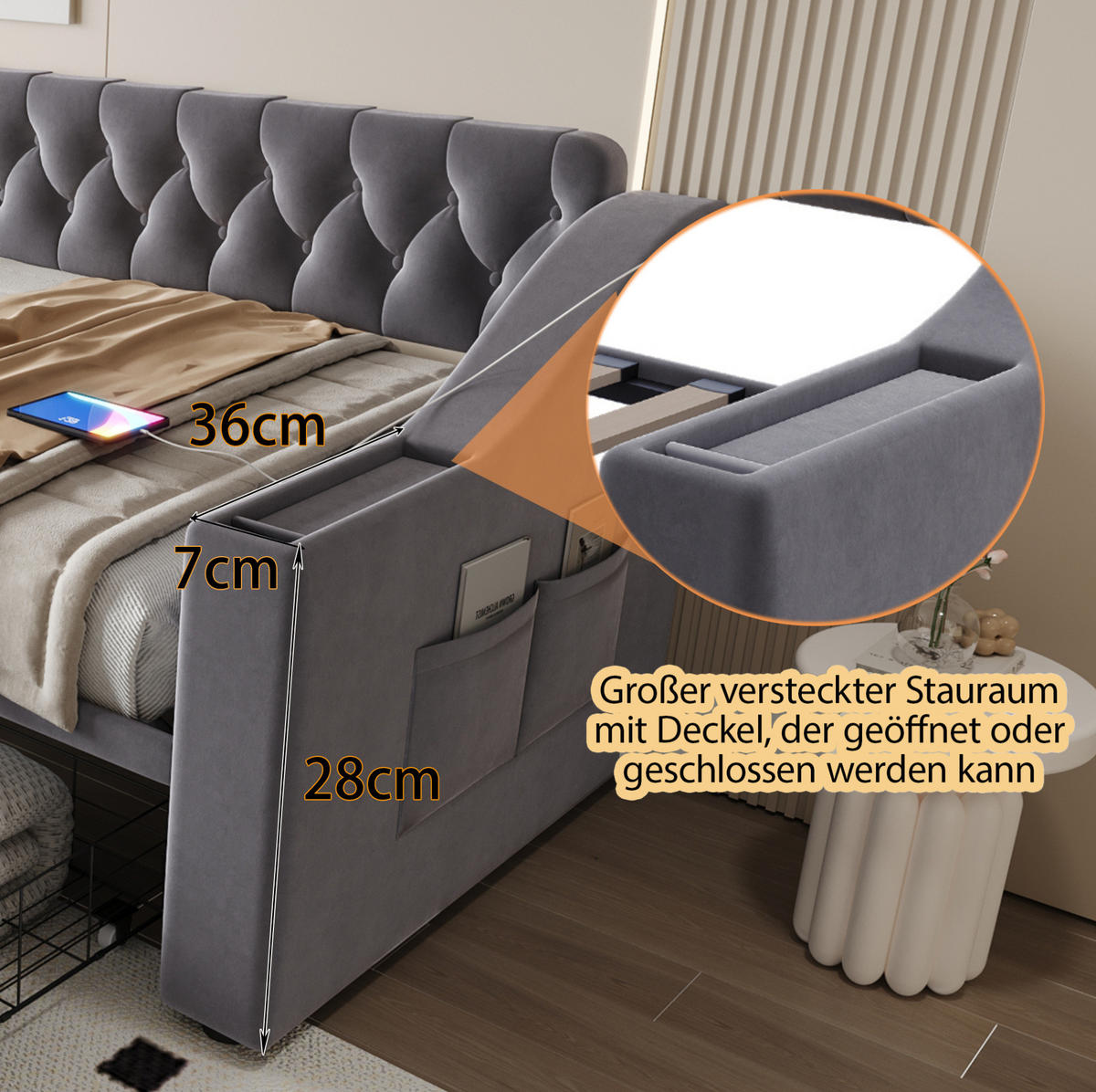 ČALOUNĚNÁ postel 90/190 cm tmavě šedá ze sametu s USB porty a úložnými zásuvkami - šedá, textil (90/190cm) - OKWISH