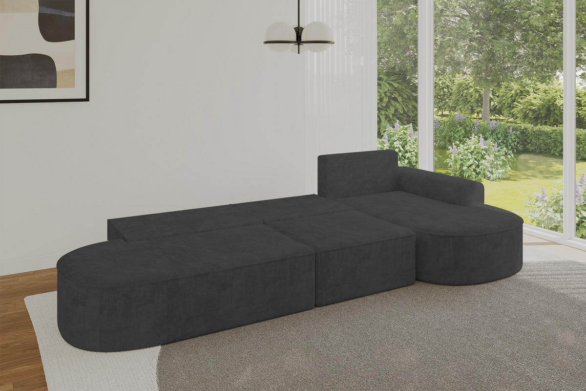 ECKSOFA mit Schlaffunktion Ottomane RECHTS MARI L2-S 368X167X85 Dunkelgrau Velours - Dunkelgrau/Schwarz, Holzwerkstoff/Kunststoff (167/368cm) - ALTDECOR