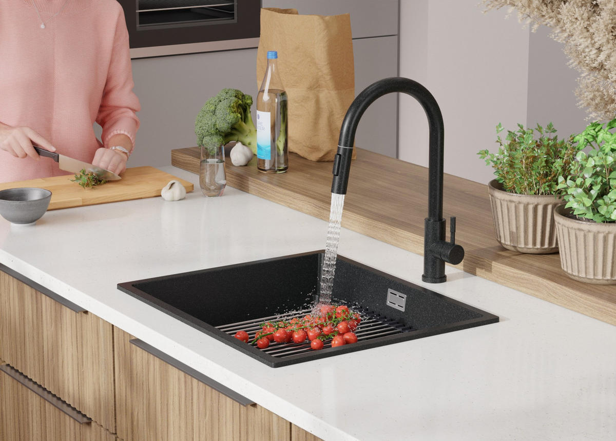 SPÜLBECKEN Praga Slim, 2-er set Anthrazit 56/47 cm 1 Becken + Ablauf-Set + Aufrollbare Abtropffläche ab 60er Unterschrank - Chromfarben/Anthrazit, Kunststoff (56/20/47cm) - Primagran