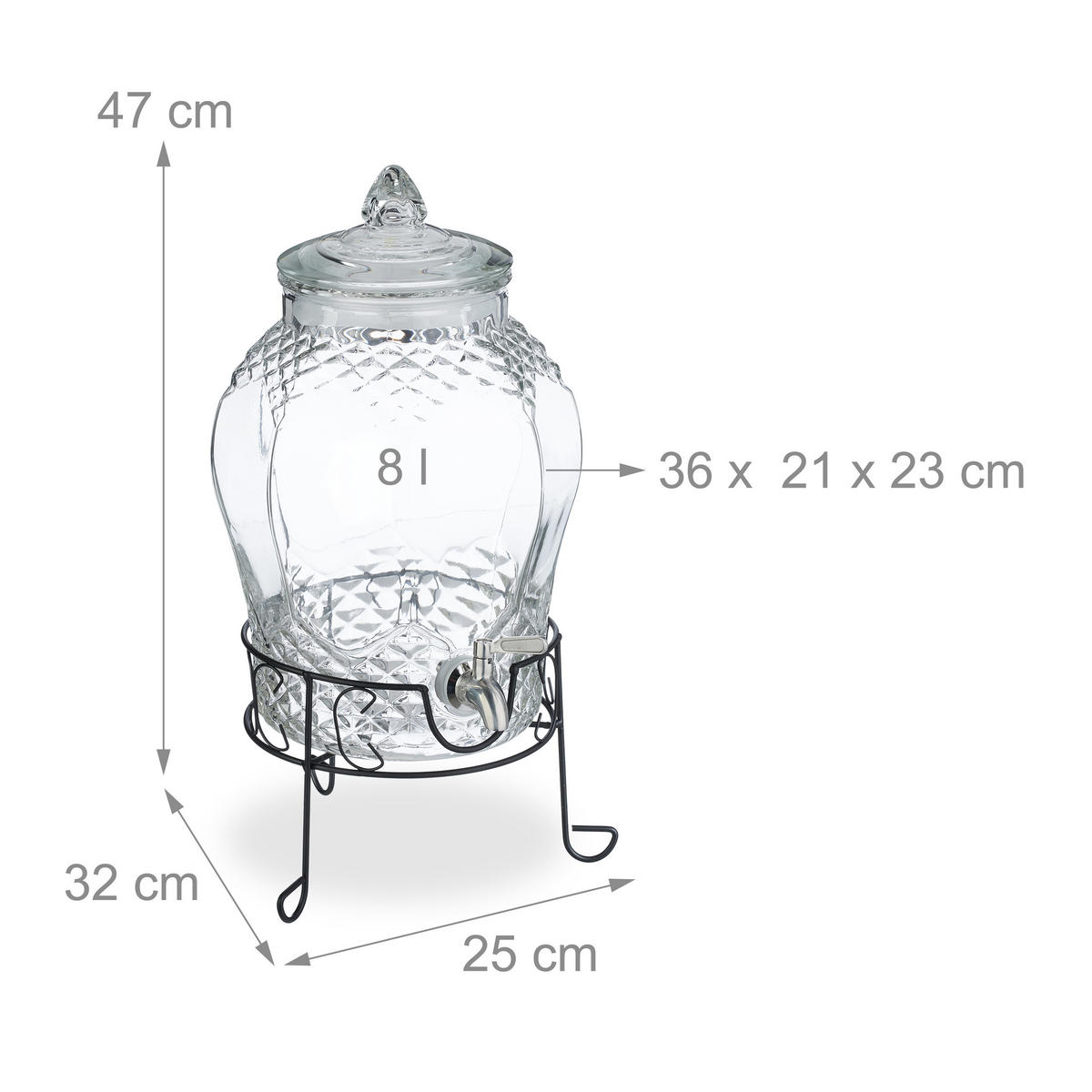 GETRÄNKESPENDER - Transparent, Glas/Metall (8L) - Relaxdays