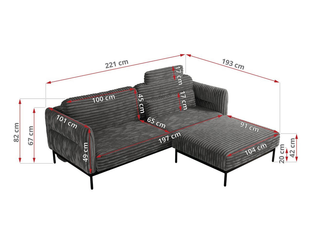 SCHLAFSOFA SALENTO Dunkelgrau Cord - Dunkelgrau/Schwarz, Textil/Metall (221/82/193cm) - MKS