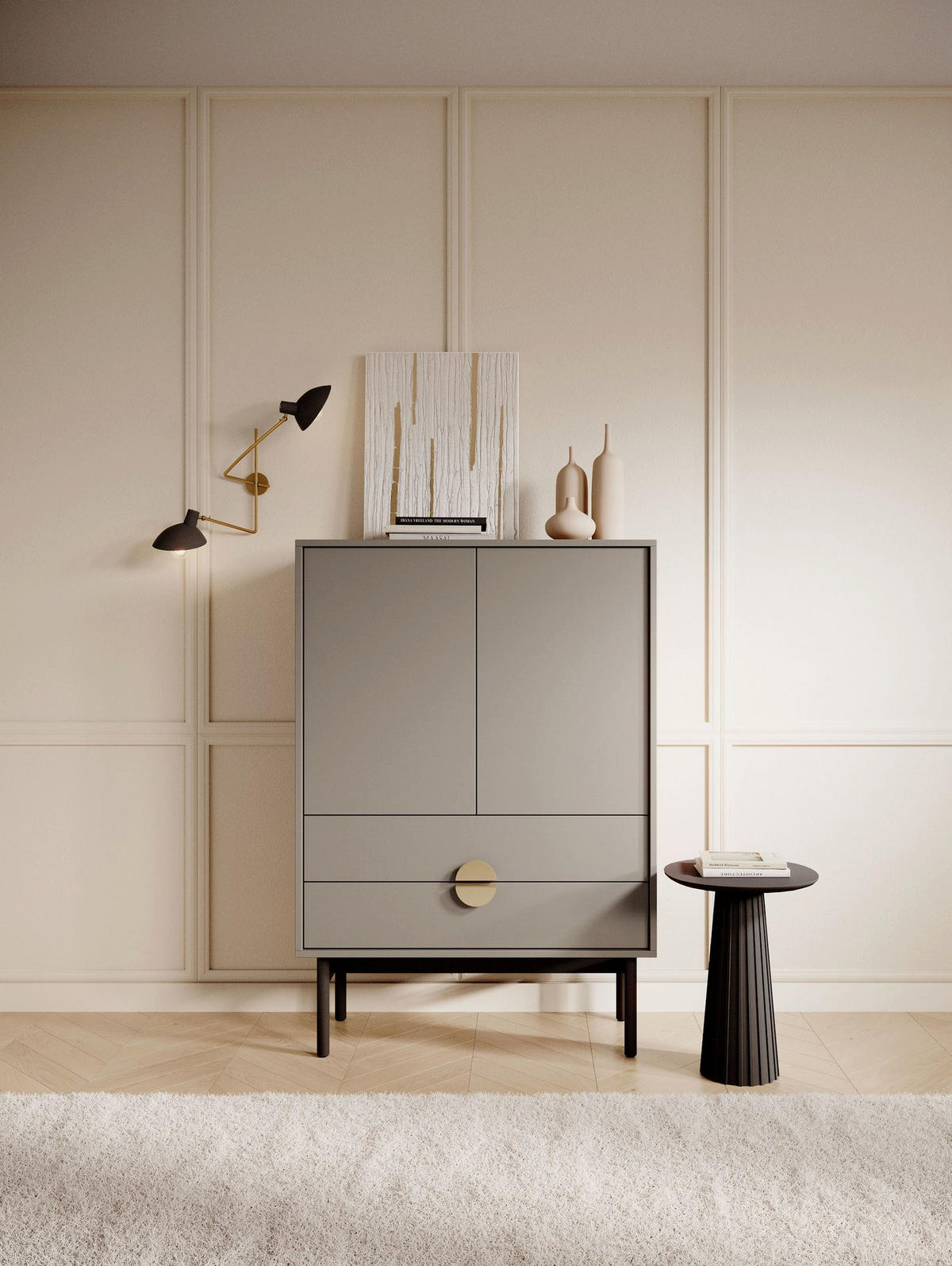HIGHBOARD Stoon II STEINGRAU 85 CM - Beige/Goldfarben, Holzwerkstoff/Metall (85/124/38cm) - Selsey