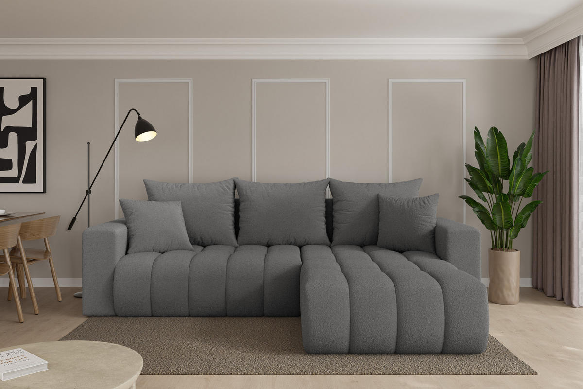 ROHOVÁ SEDAČKA s funkcí spaní, otoman vpravo MILA-L-v1 277x195x86 šedá bouclé - šedá/černá, kompozitní dřevo/textil (277/194cm) - ALTDECOR
