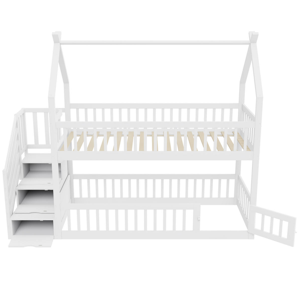 ETAGENBETT 90/200 cm Weiß aus Massivholz mit Dach und Treppe mit Stauraum - Weiß, Holz (90/200cm) - Flora Grace