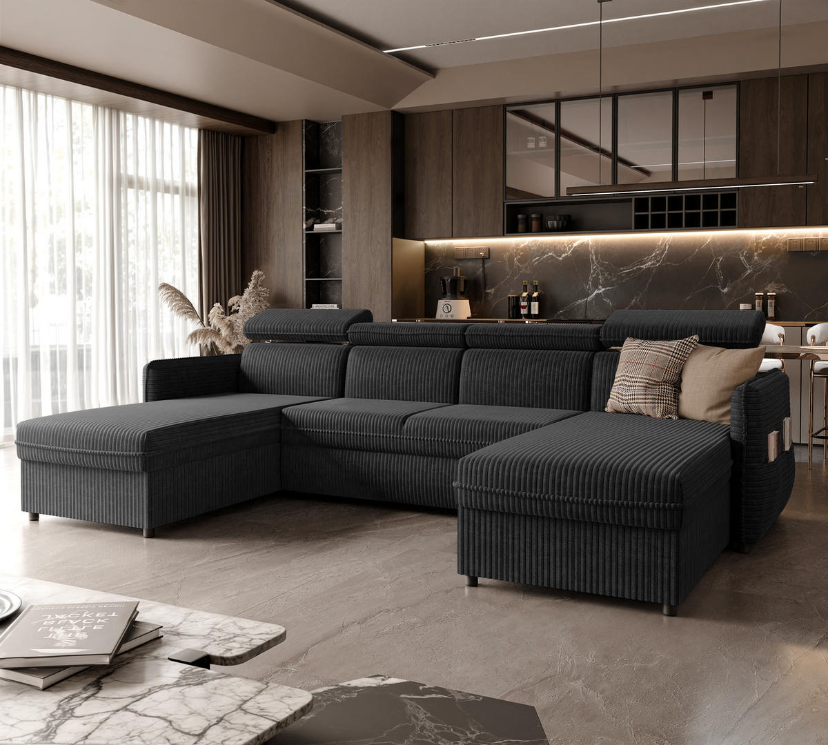 WOHNLANDSCHAFT U-Form Beni mit Schlaffunktion, Cord-Stoff Poso 135 Schwarz - Schwarz, Holzwerkstoff (286/60/166cm) - Idohome