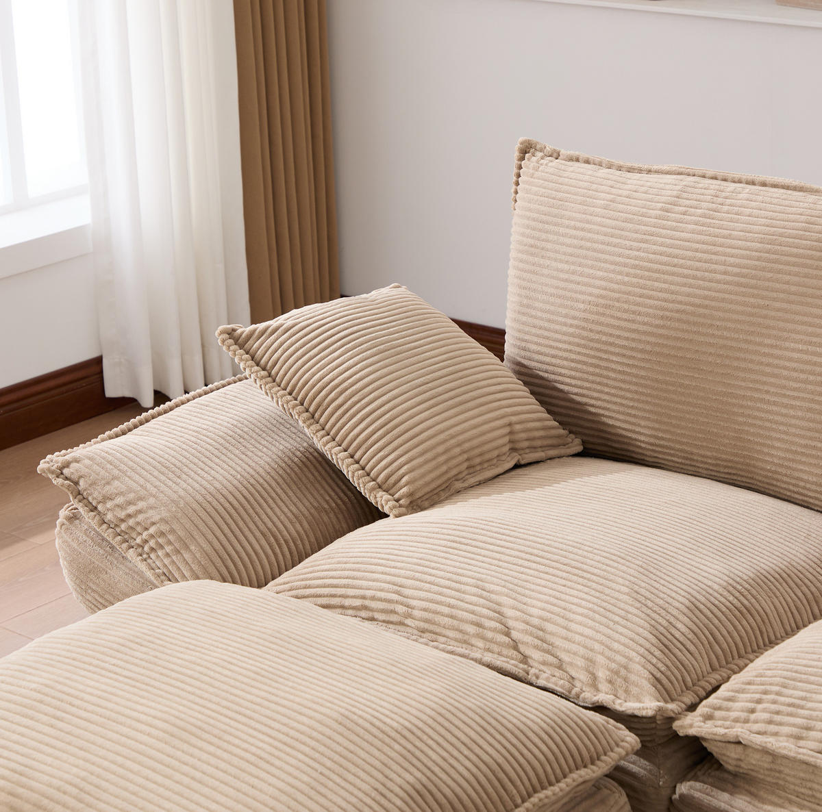 MODULÁRNÍ 3místná pohovka z manšestru 260x132x84 cm khaki s taburetem, USB-C portem a bočními kapsami - béžová, textil (132/260cm) - Modfu