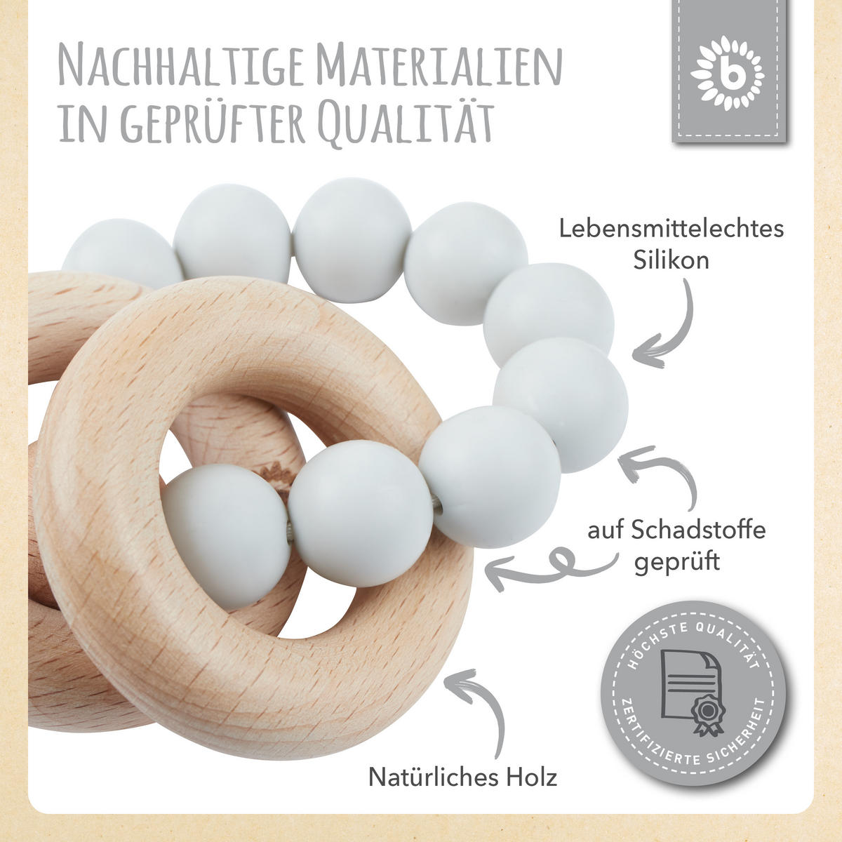 BEISSRING mit Silikon Perlen - ab Geburt - Grau, Kunststoff (9/6.8cm) - Bieco Spielwaren