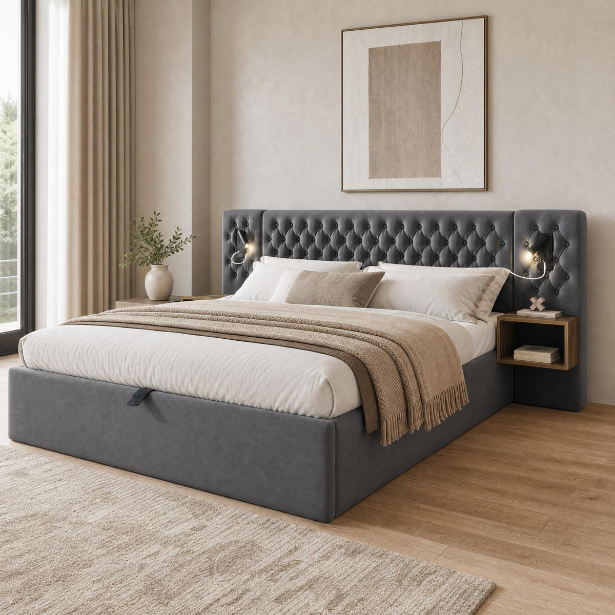 POLSTERBETT 160/200 mit Bettkasten, 2 Nachttischen, LED-Leselampen und USB in Grau - Grau, Holzwerkstoff/Textil (160/200cm) - EVRYAE