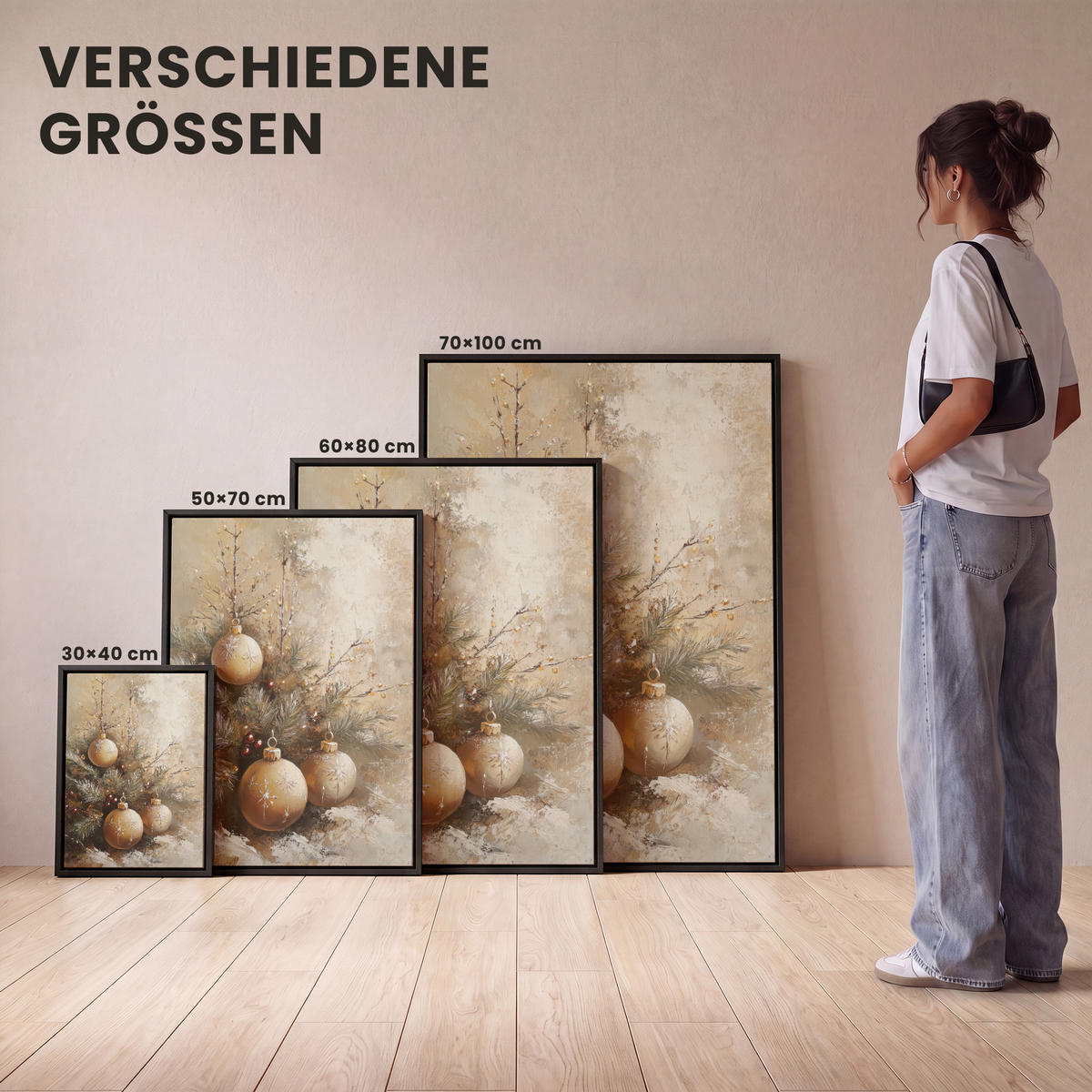 LEINWAND Bilder mit Rahmen - Weihnachten - Kugeln - Beige - Gold - 60x80 - Goldfarben, Textil (60/80cm) - MuchoWow