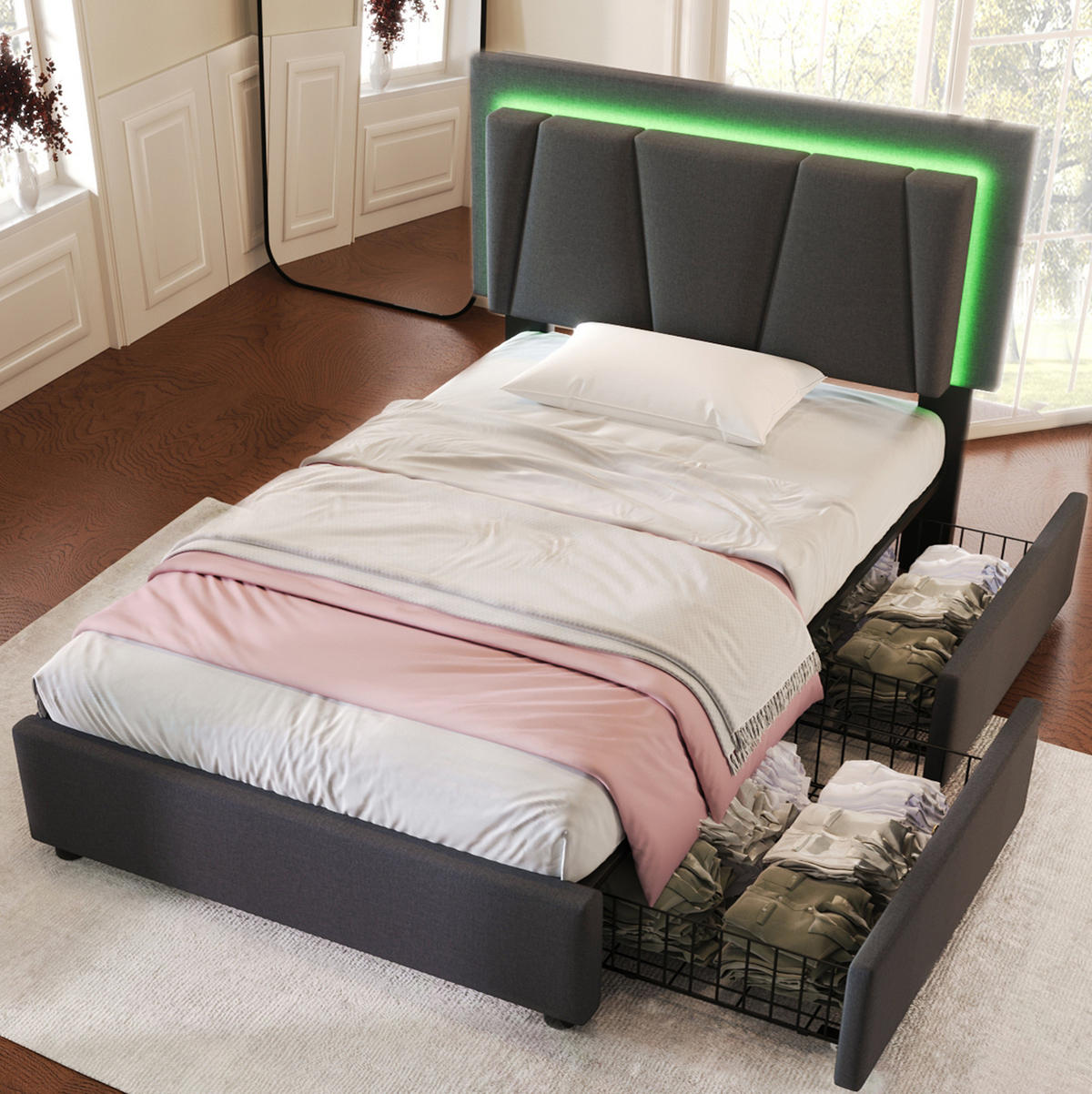 POLSTERBETT 90/200 cm mit LED-Beleuchtung, 2 Schubladen & verstellbarem Kopfteil, Grau - Grau, Holz (90/200cm) - Redom