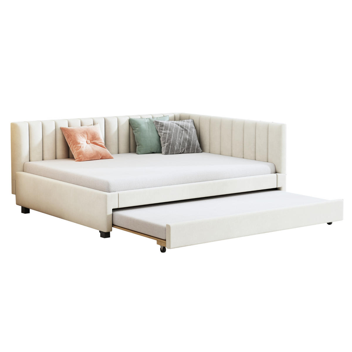 POLSTERBETT 140/200 cm aus Samt mit ausziehbarem Unterbett Beige - Beige, Leder (140/200cm) - Modenvie